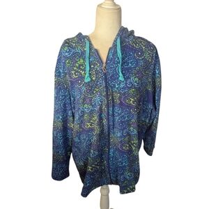 Susan Graver Hooded Zip Front Cotton Knit Blue /Green Print Long Jacket Sz 3X